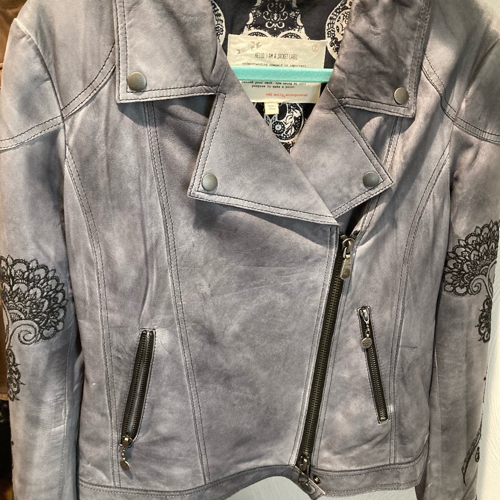 Women's Grey Embroidered Leather Jacket